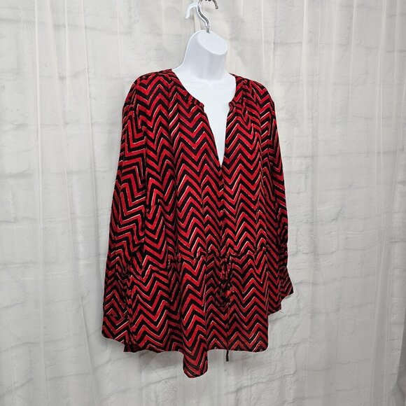 Lauren Ralph Lauren Red Black Chevron Gauzy Tribal Peasant Blouse 3X - Picture 5 of 13